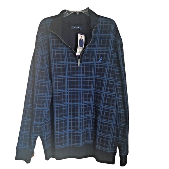 Nautica Mens Sweatshirt XXL Navy Blue Pullover 1/4 Zipper Mock Neck Plaid NWT - Picture 1 of 6
